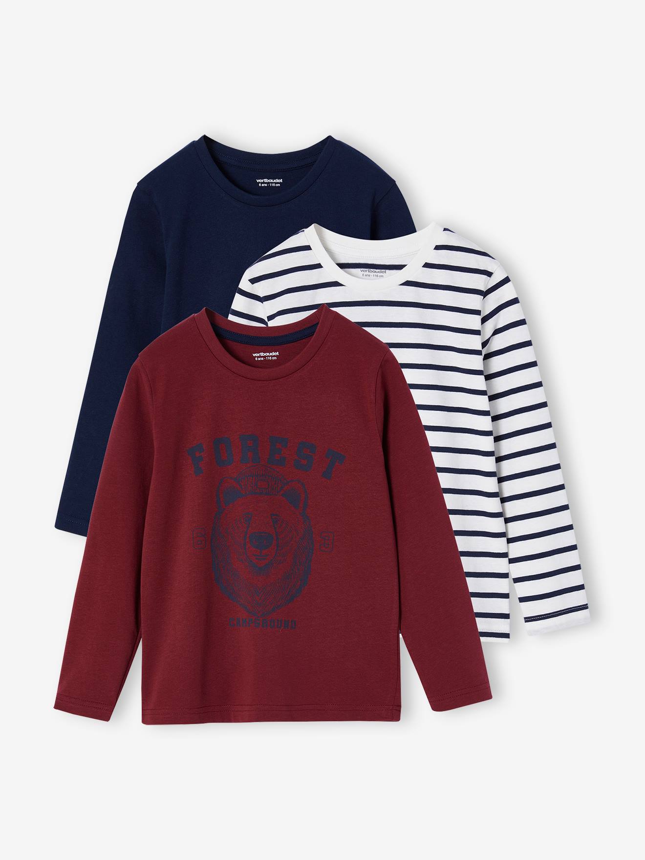 Lot de 3 T-shirts garçon manches longues bordeaux