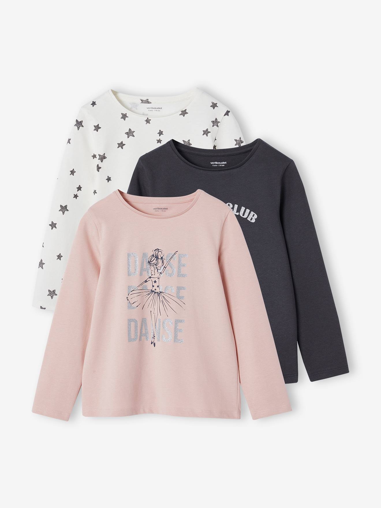 Lot de 3 t-shirts fille manches longues anthracite