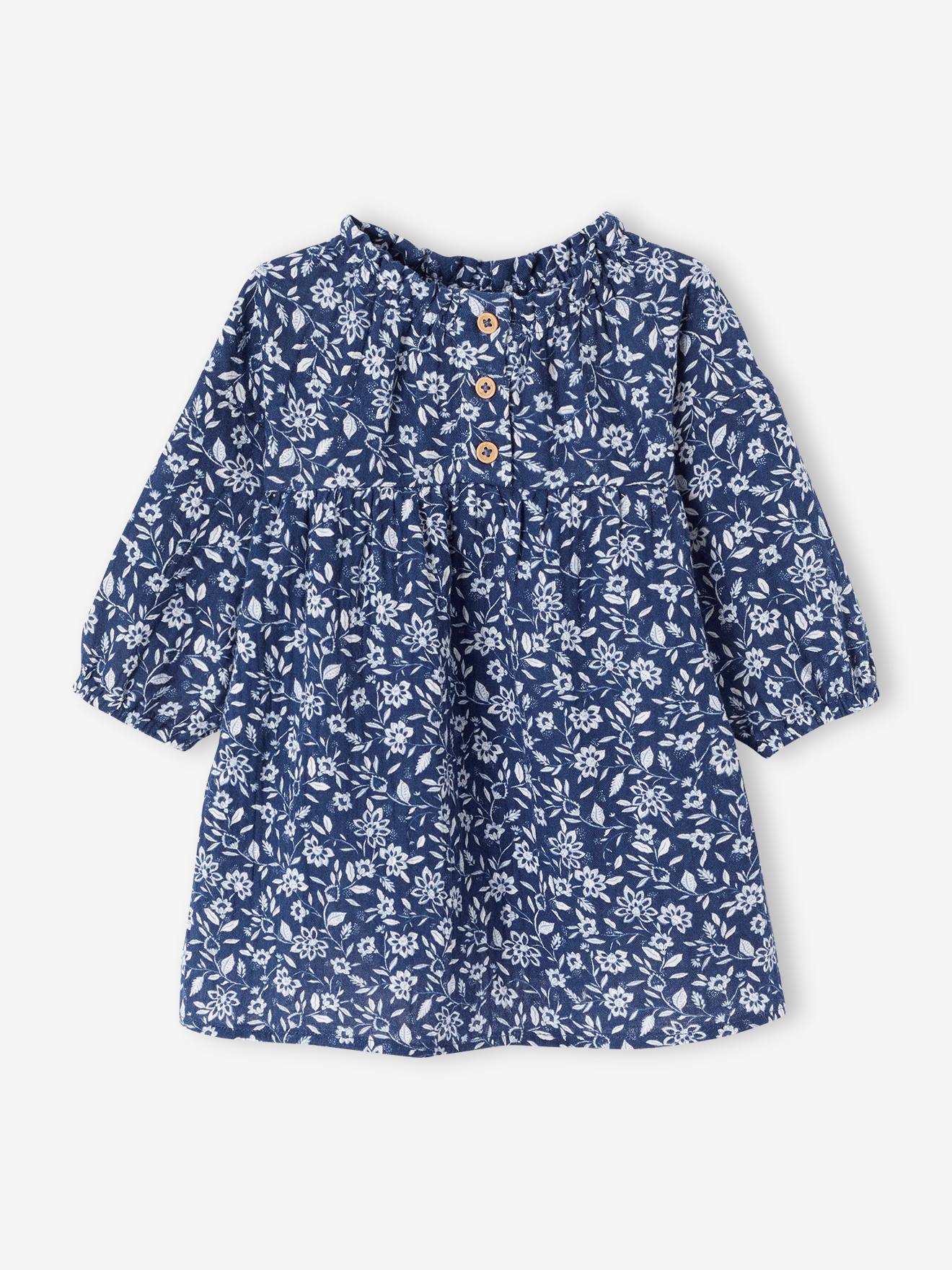 Robe à fleurs bébé fille en gaze de coton bleu jean
