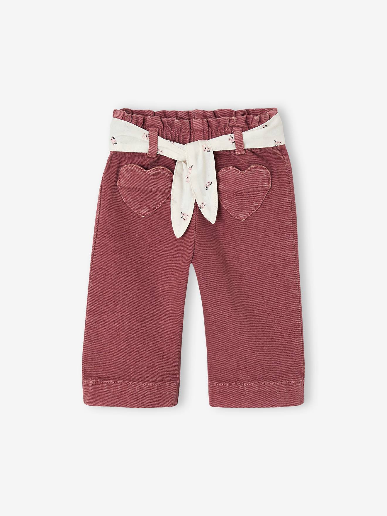 Pantalon couleur large bébé fille avec ceinture à nouer violine