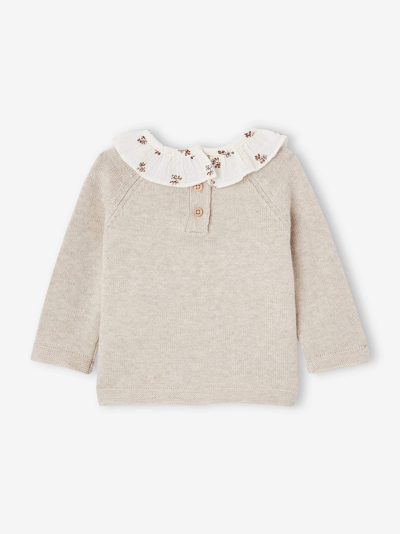 Pull bébé naissance à collerette fleurie beige chiné (Vertbaudet) - Image 1