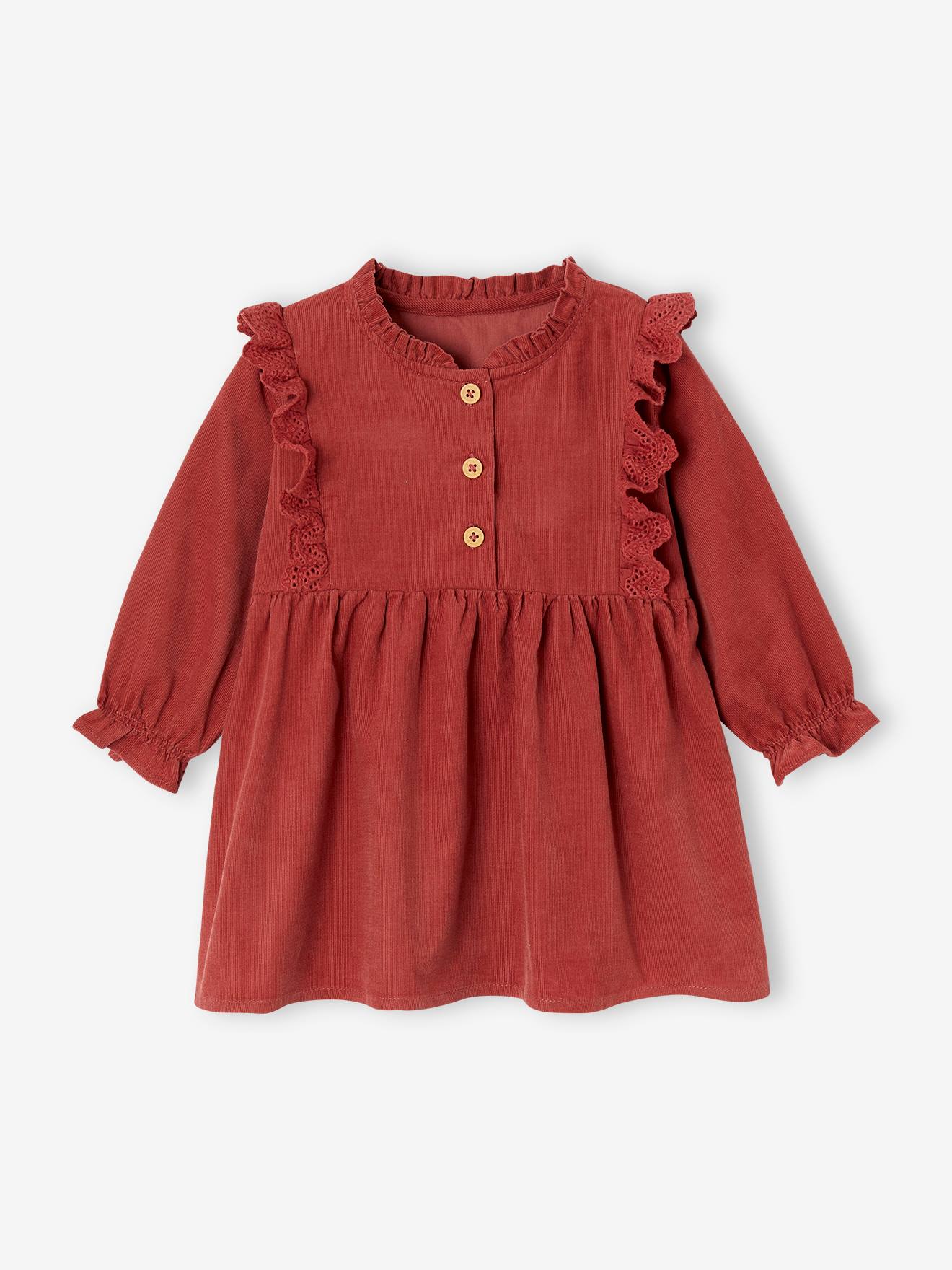 Robe bébé velours volants en broderie anglaise terracotta