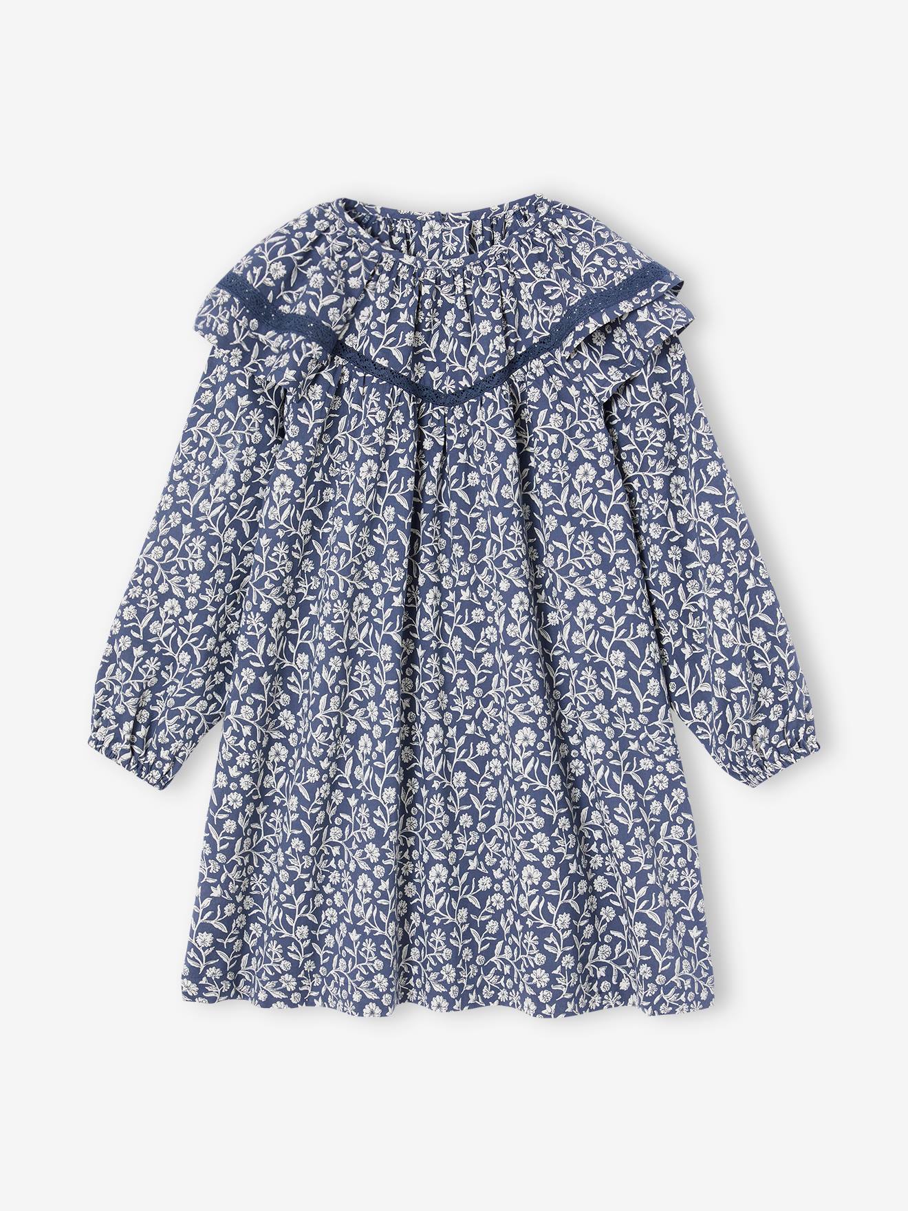 Robe à collerette imprimée fleurs fille bleu imprimé