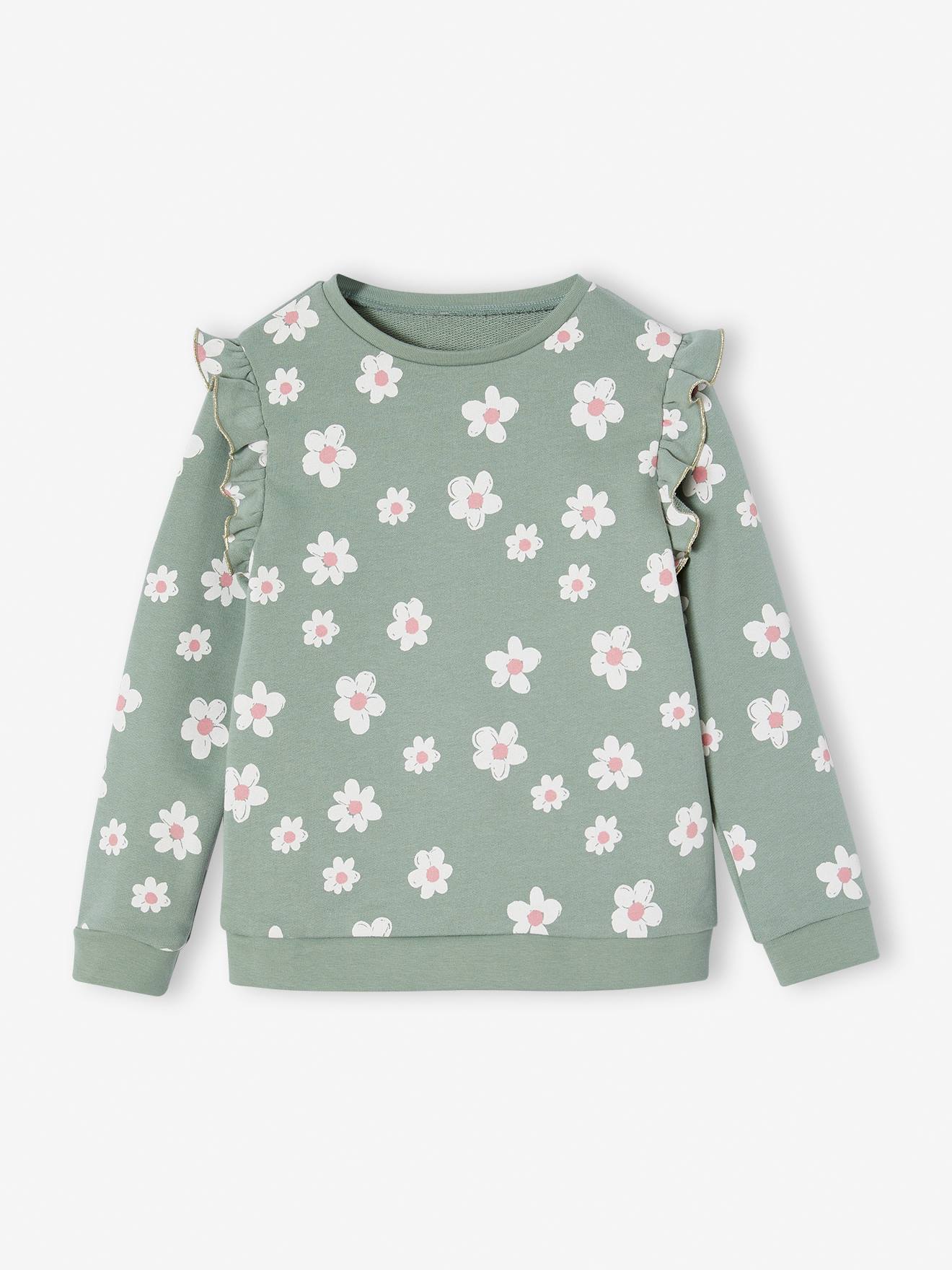 Sweat à volants fille détails fantaisie vert de gris