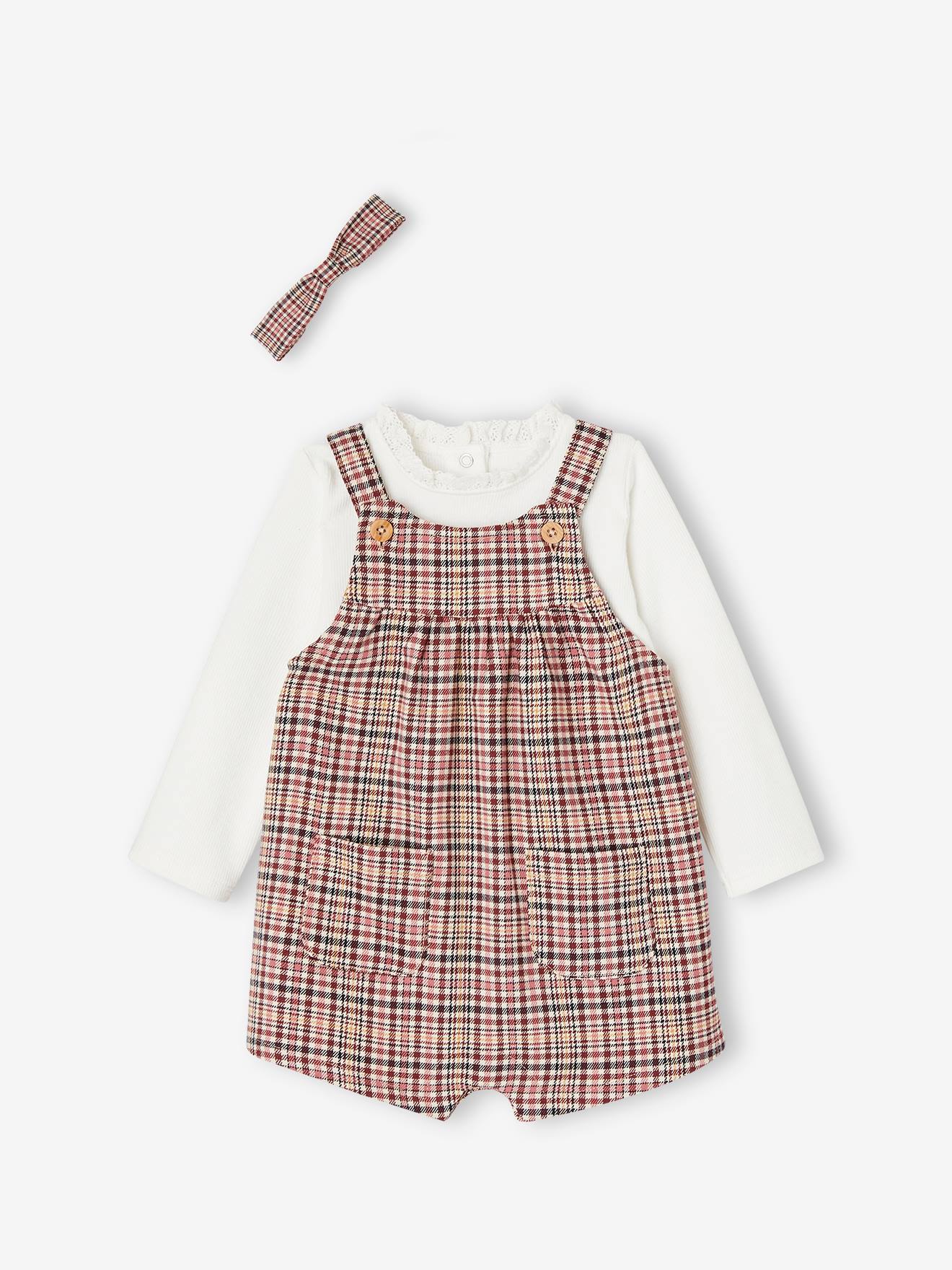 Vertbaudet - Ensemble salopette courte à carreaux + t-shirt et bandeau bébé fille bois de rose