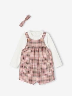 -Ensemble salopette courte à carreaux + t-shirt et bandeau bébé fille