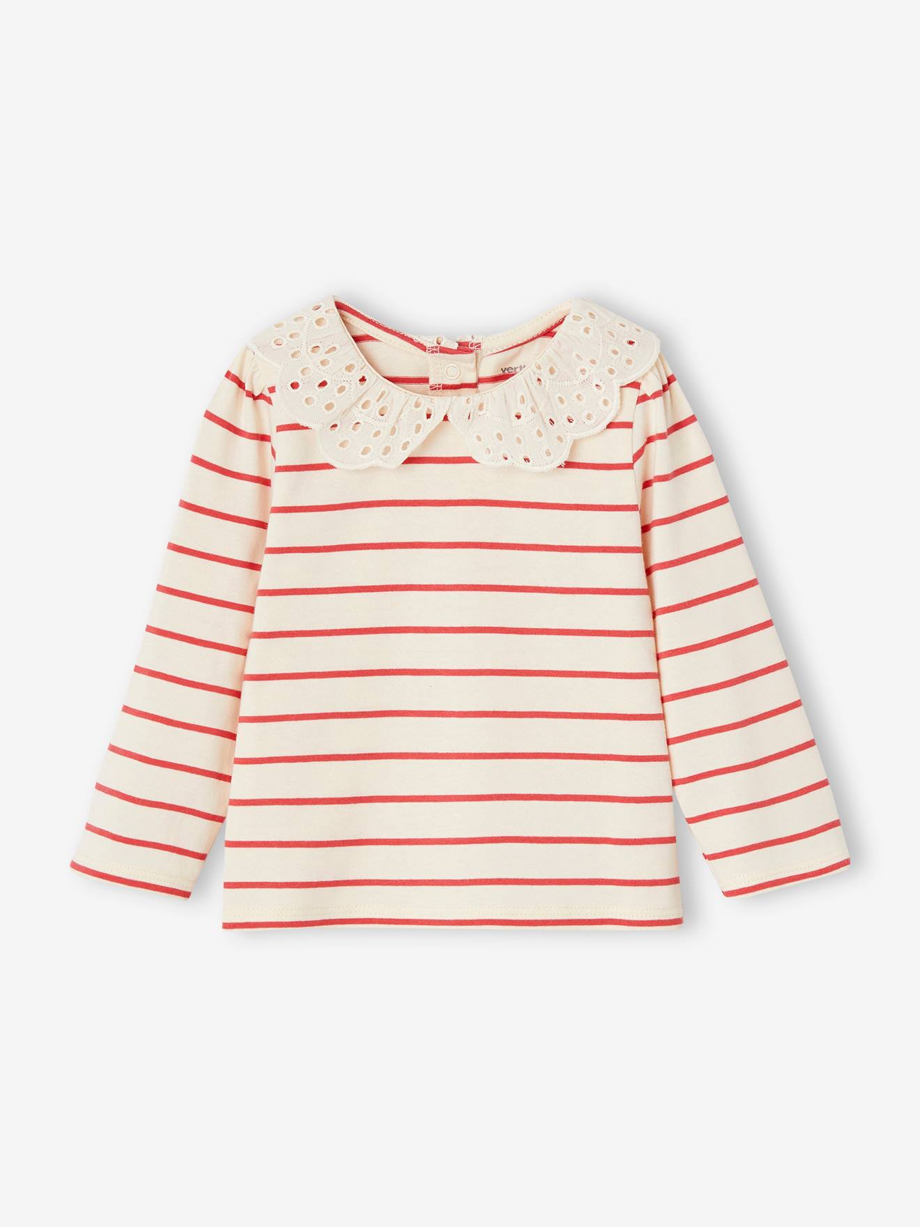 T-shirt col brodé bébé manches longues rayé rouge