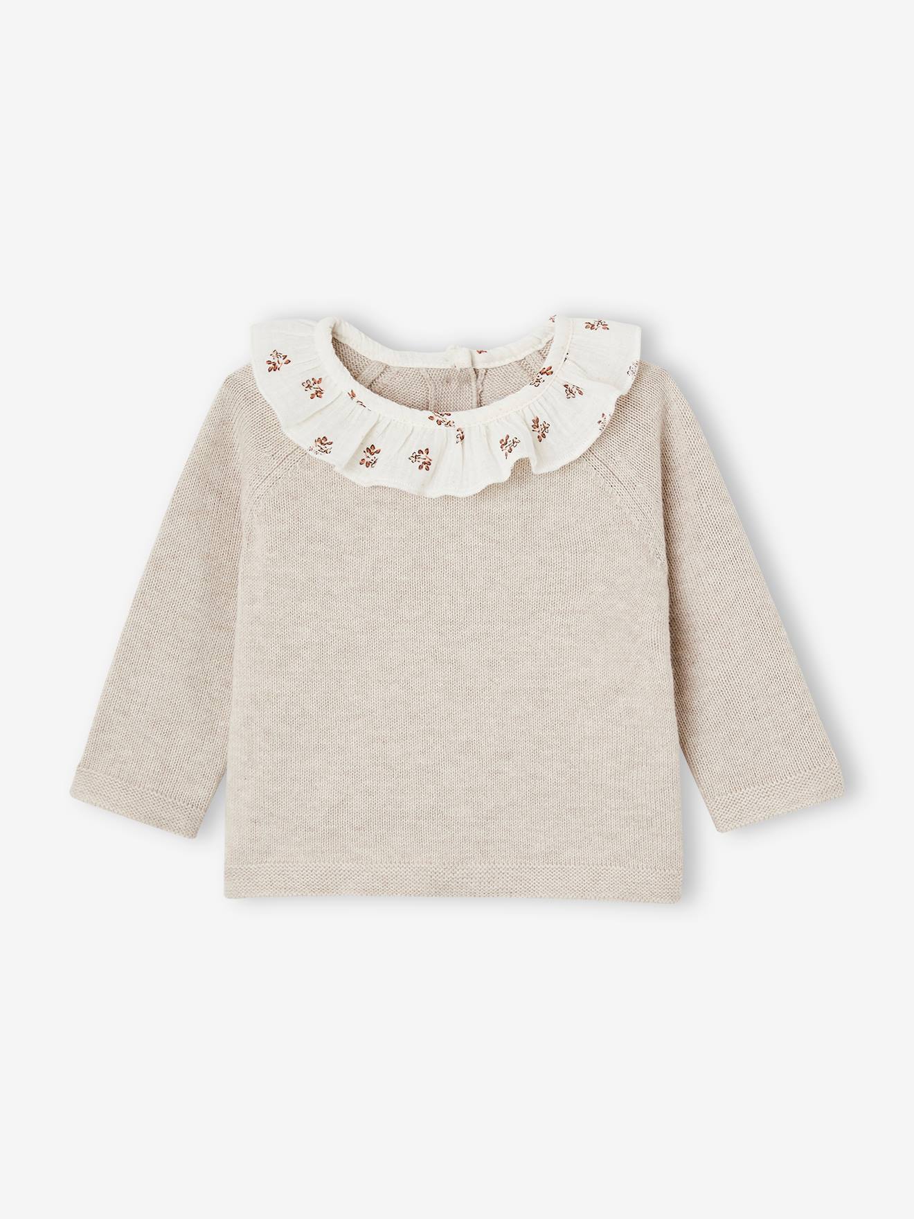 Pull bébé naissance à collerette fleurie beige chiné