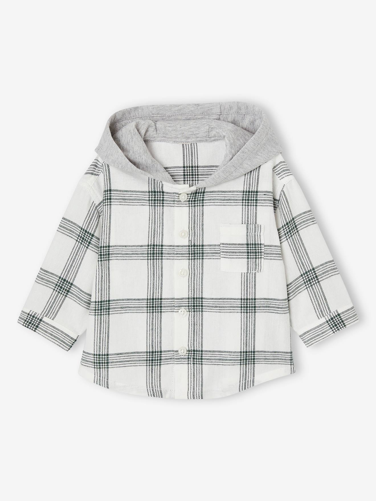 Chemise à capuche à carreaux bébé écru