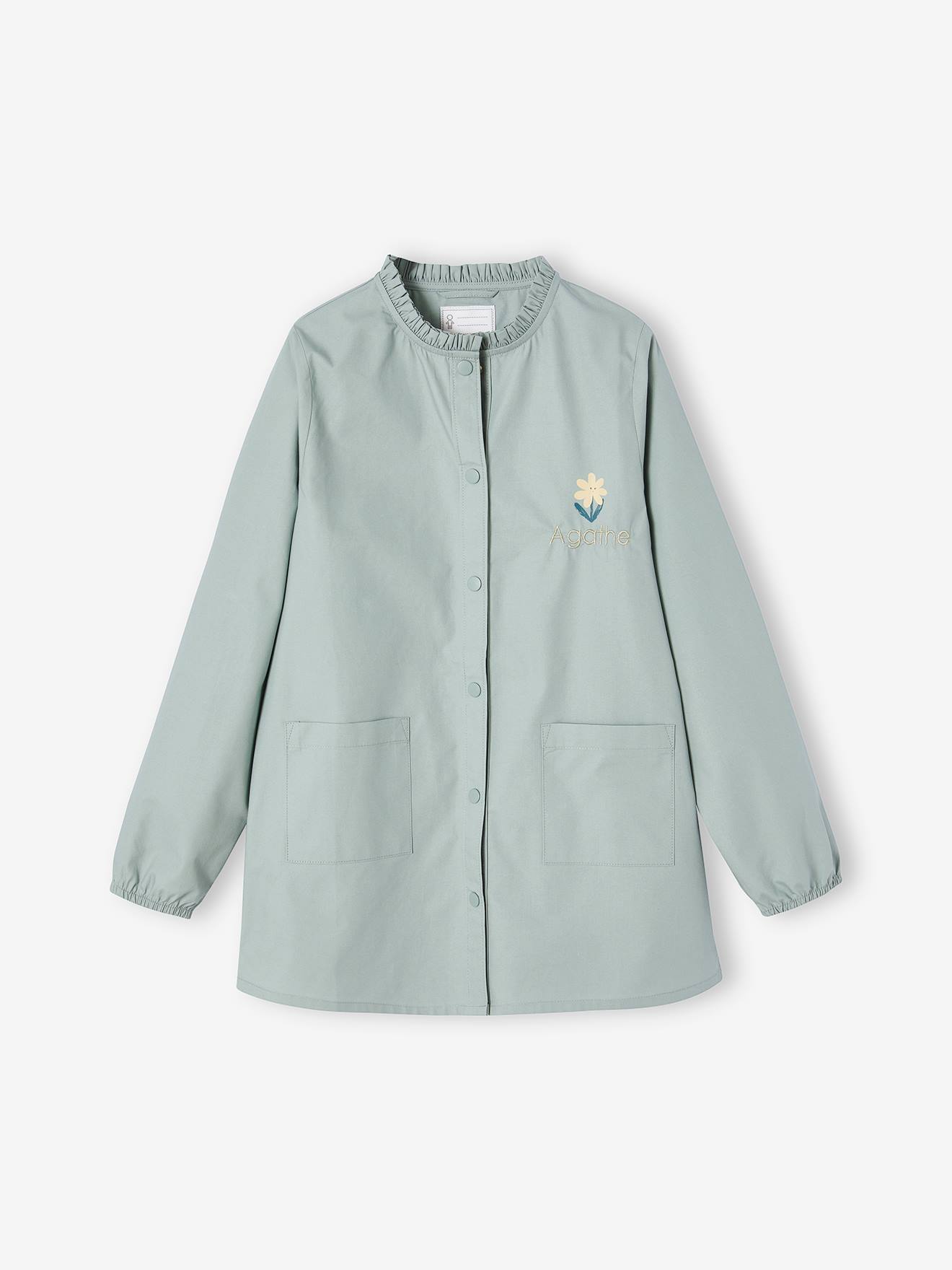 Tablier d'écolière à fleur personnalisable fille vert de gris