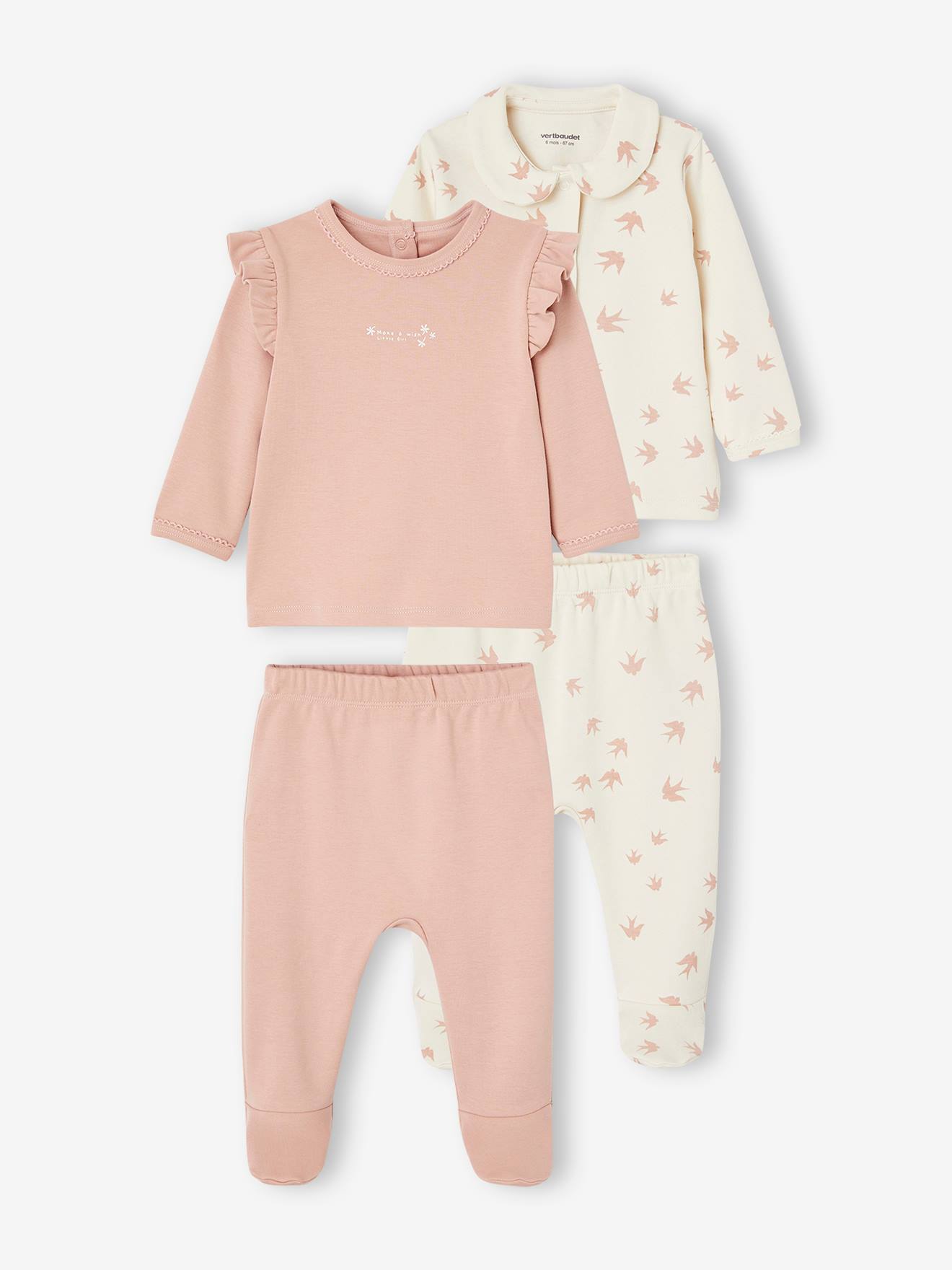 Lot 2 pyjamas oiseaux bébé en interlock rose poudré