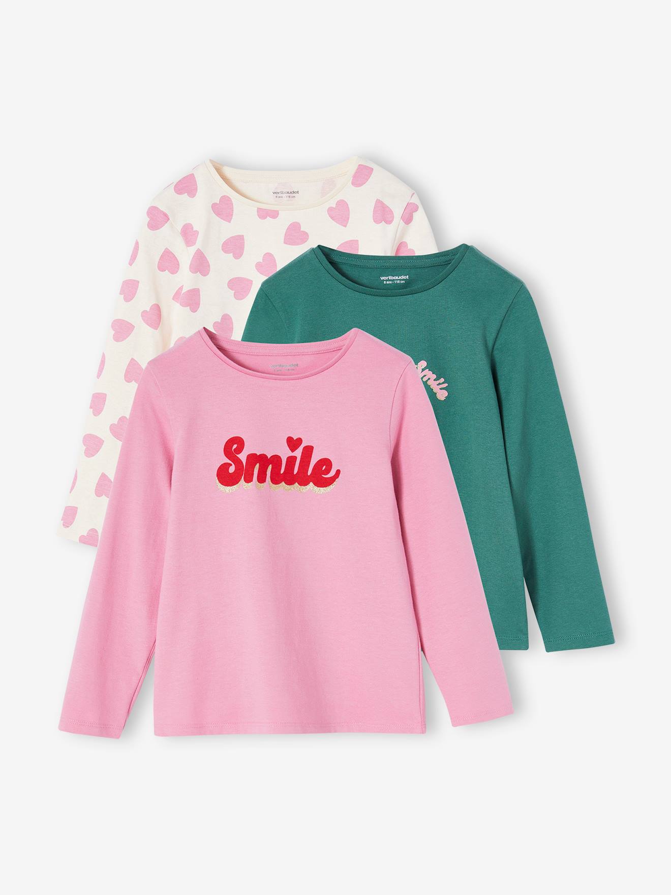 Lot de 3 t-shirts Basics fille manches longues vieux rose