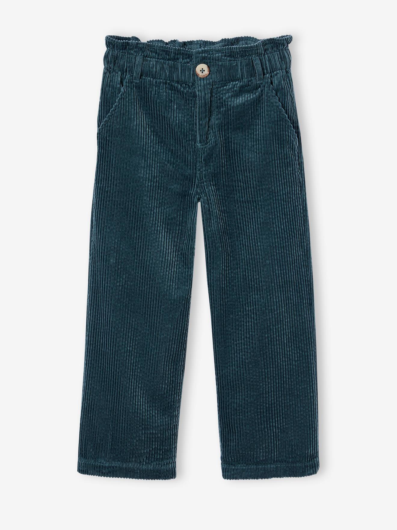 Pantalon fille large velours côtelé style paperbag vert sapin
