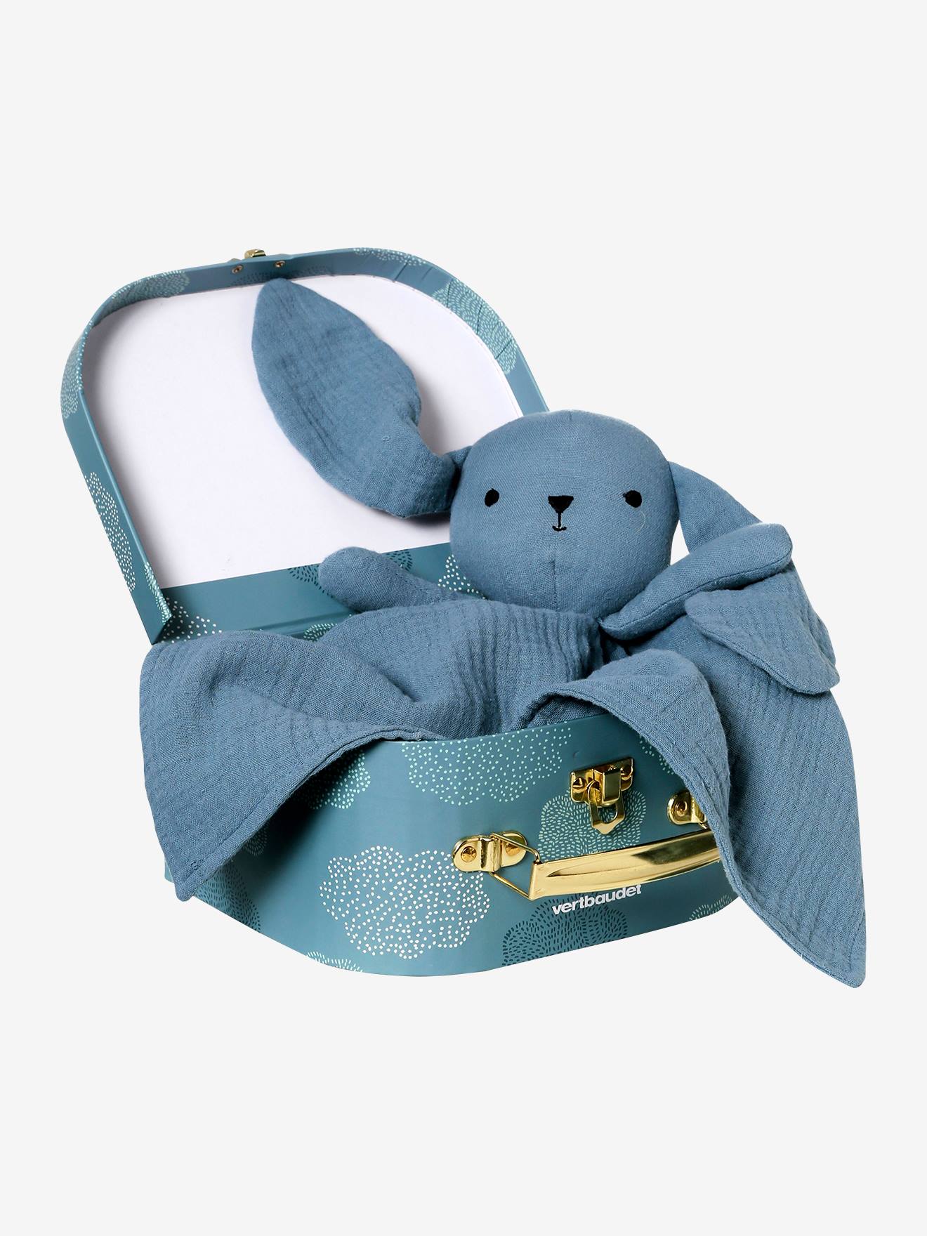 Doudou en gaze de coton personnalisable et sa valisette bleu (Vertbaudet) - Image 2