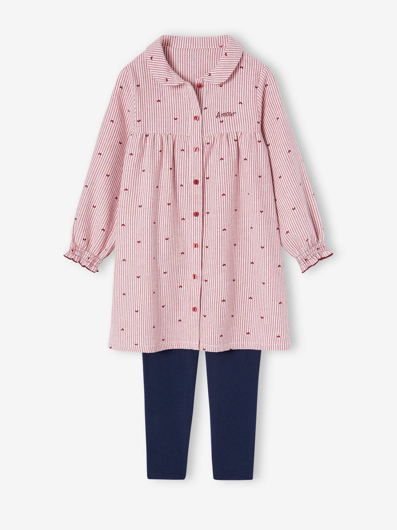 Chemise de nuit rayée en flanelle + legging fille bois de rose