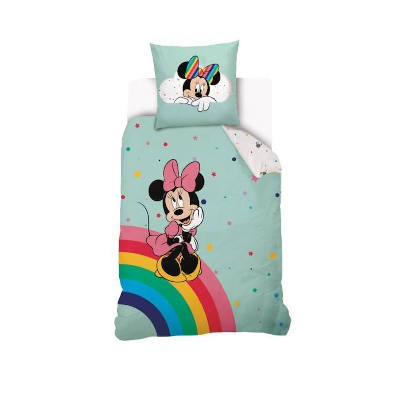 Disney - Disney - Housse De Couette Minnie Disney Arc-en-ciel 140x200 Cm + 1 Taie D'oreiller 63x63 Cm - 100% Coton - Vert D'eau Vert