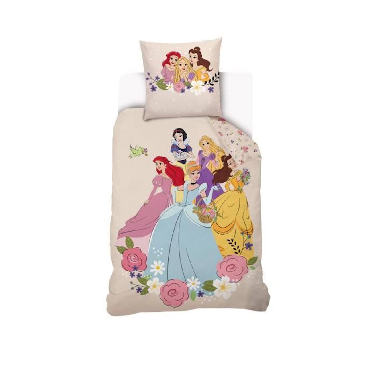 Disney - Disney - Housse De Couette Disney Princesses Florales 140x200 Cm + 1 Taie D'oreiller 63x63 Cm - 100% Coton - Beige Beige