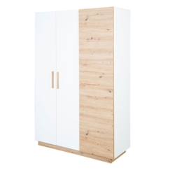 Chambre et rangement-Armoire Bébé 3 Portes Battantes Lion - ROBA - Blanc / Chêne Artisan - Penderie et 6 Étagères