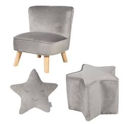 Chambre et rangement-ROBA Fauteuil et Pouf Enfant Lil Sofa + Coussin Décoratif Étoile - Ensemble en Velours - Gris Argenté