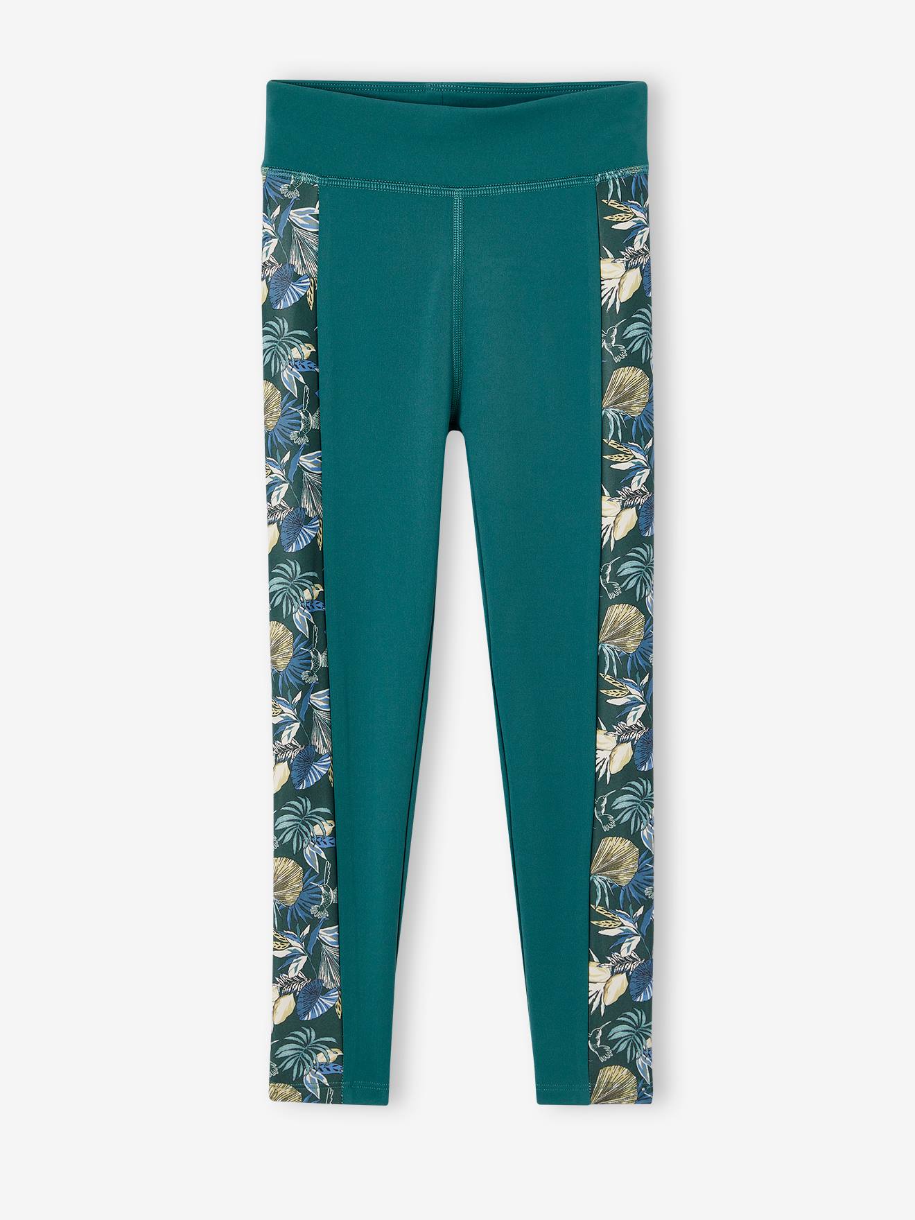 Legging sport matière technique fille bandes côtés fleurs exotiques vert émeraude