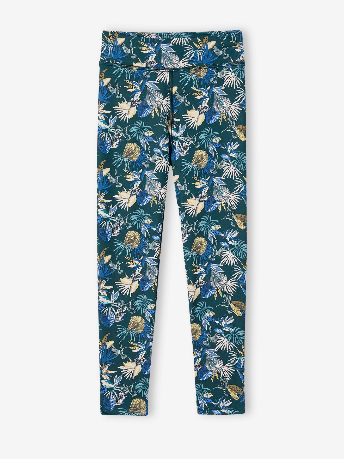 Legging sport matière technique fille motifs fleurs exotiques vert imprimé