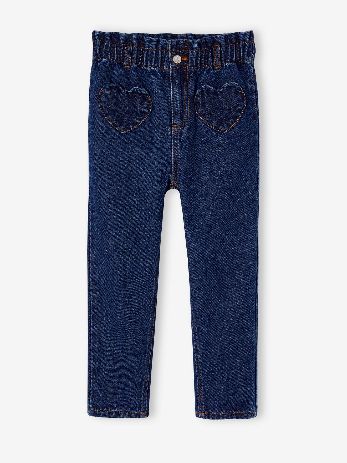Jean paperbag fille poches coeur denim brut
