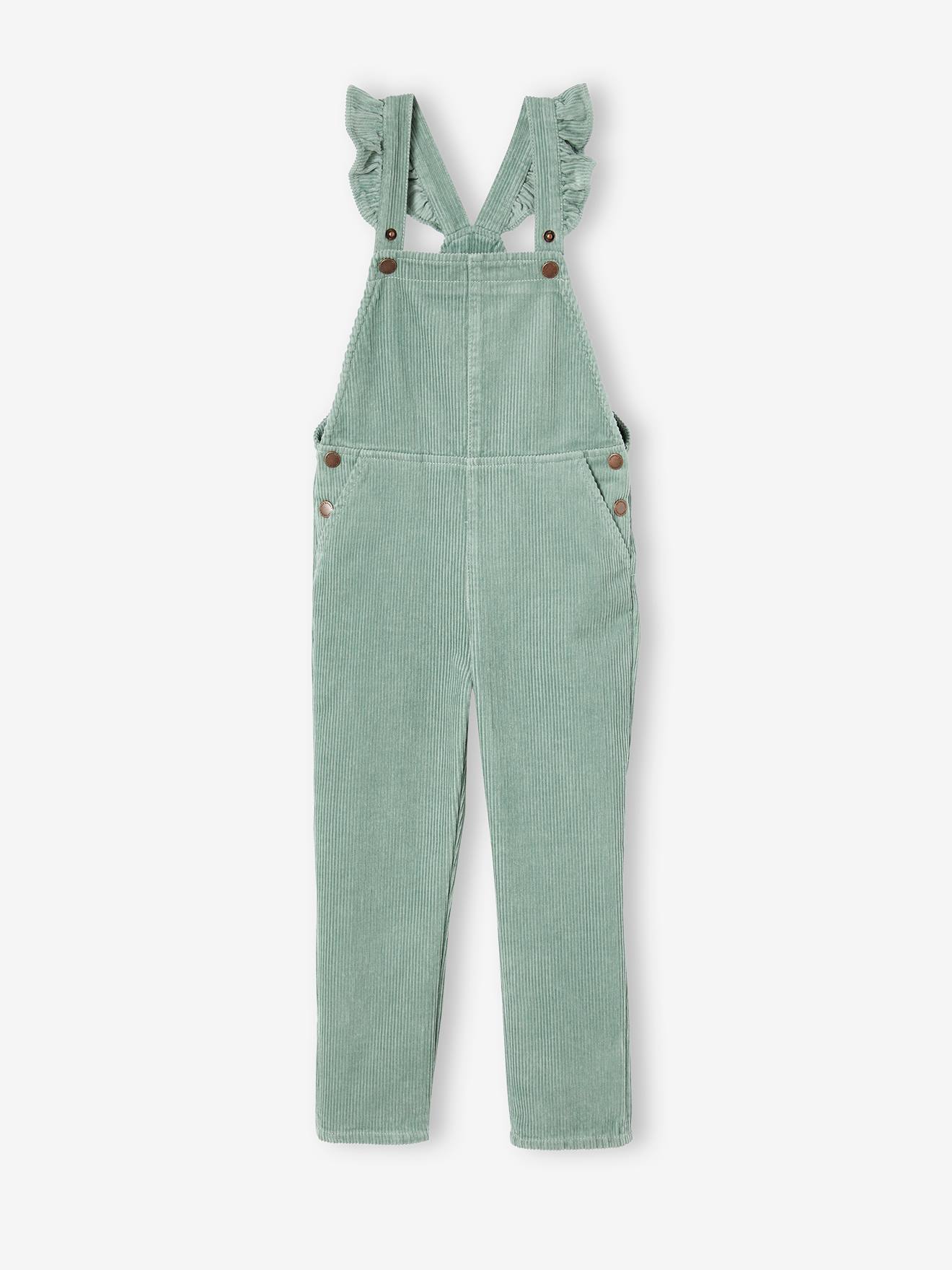 Salopette fille velours bretelles volants vert de gris 16 €