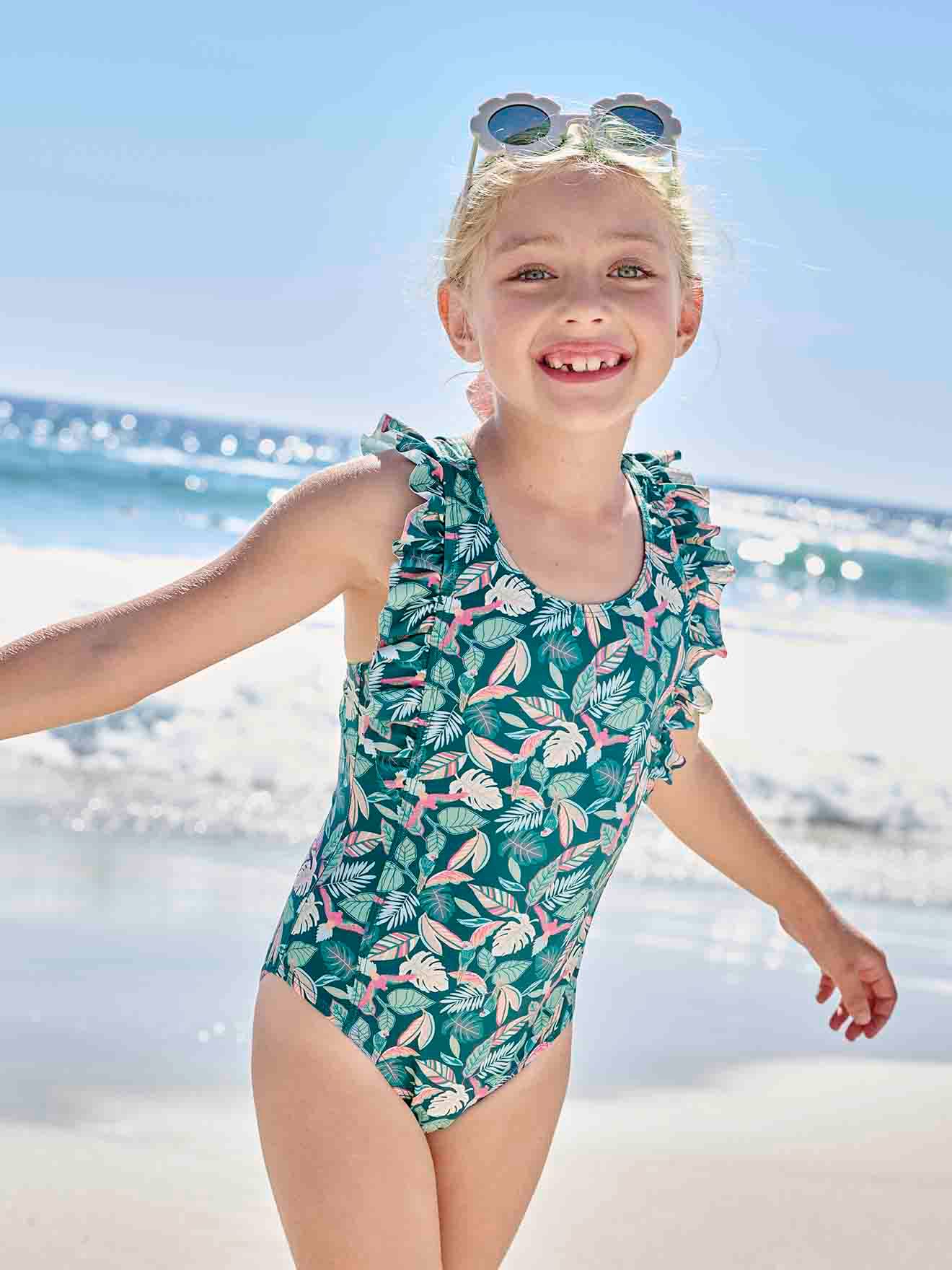 Maillot de bain 1 pièce imprimé tropical fille vert sapin