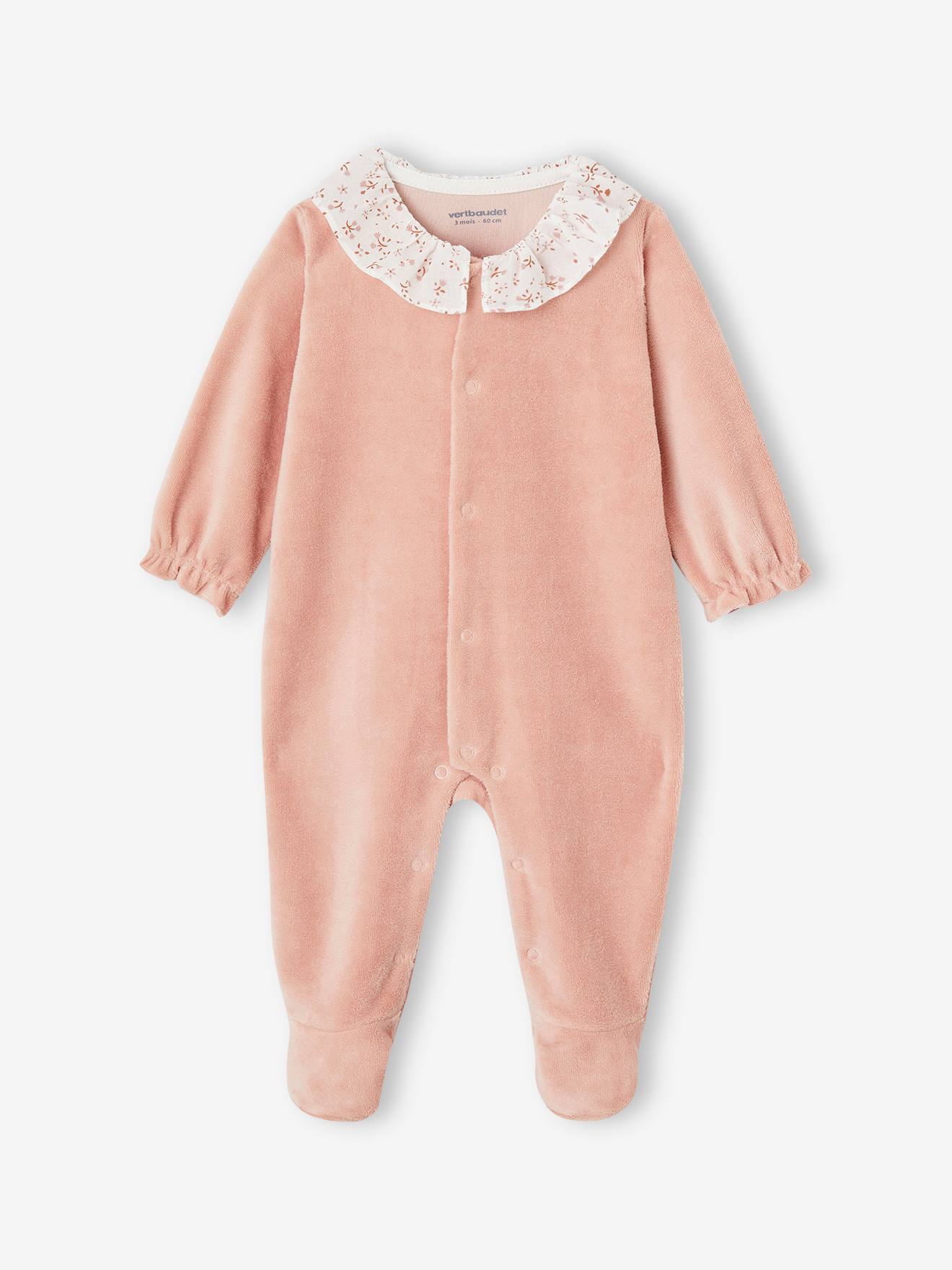 Pyjama bébé fille velours collerette imprimée rose poudré