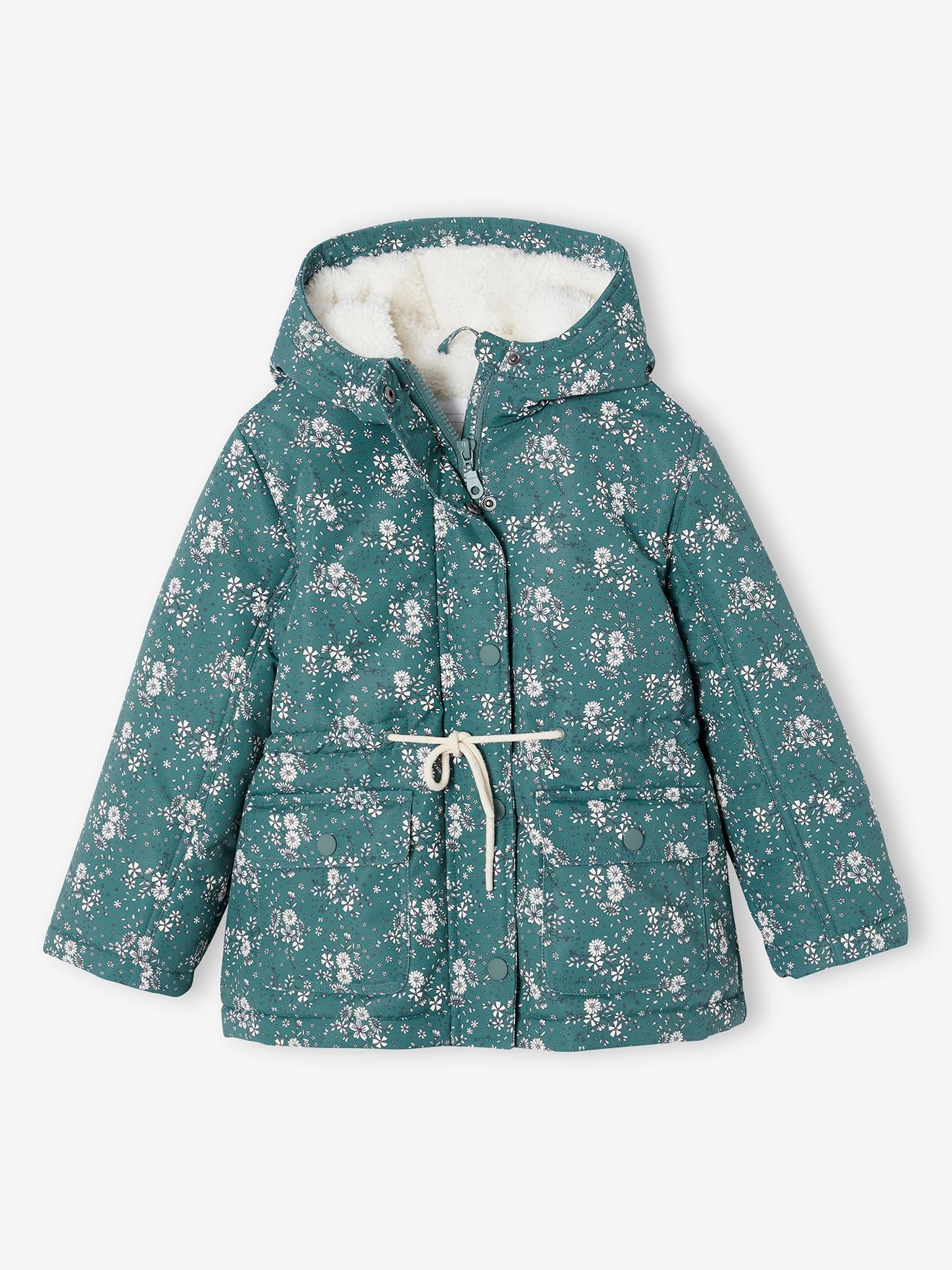 Parka à capuche motifs fleurs doublée sherpa fille vert émeraude