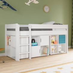 Chambre et rangement-Lit mi-hauteur avec bureau et rangements en pin blanc 90x200 Arthur