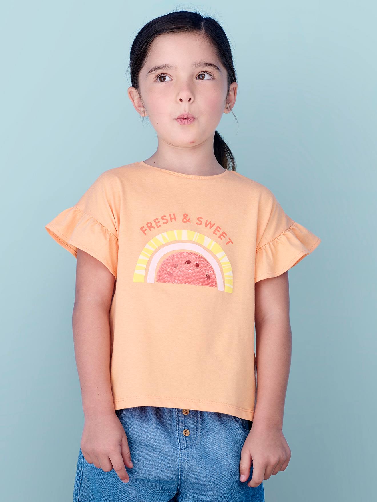 Tee-shirt motif à sequins fille mandarine