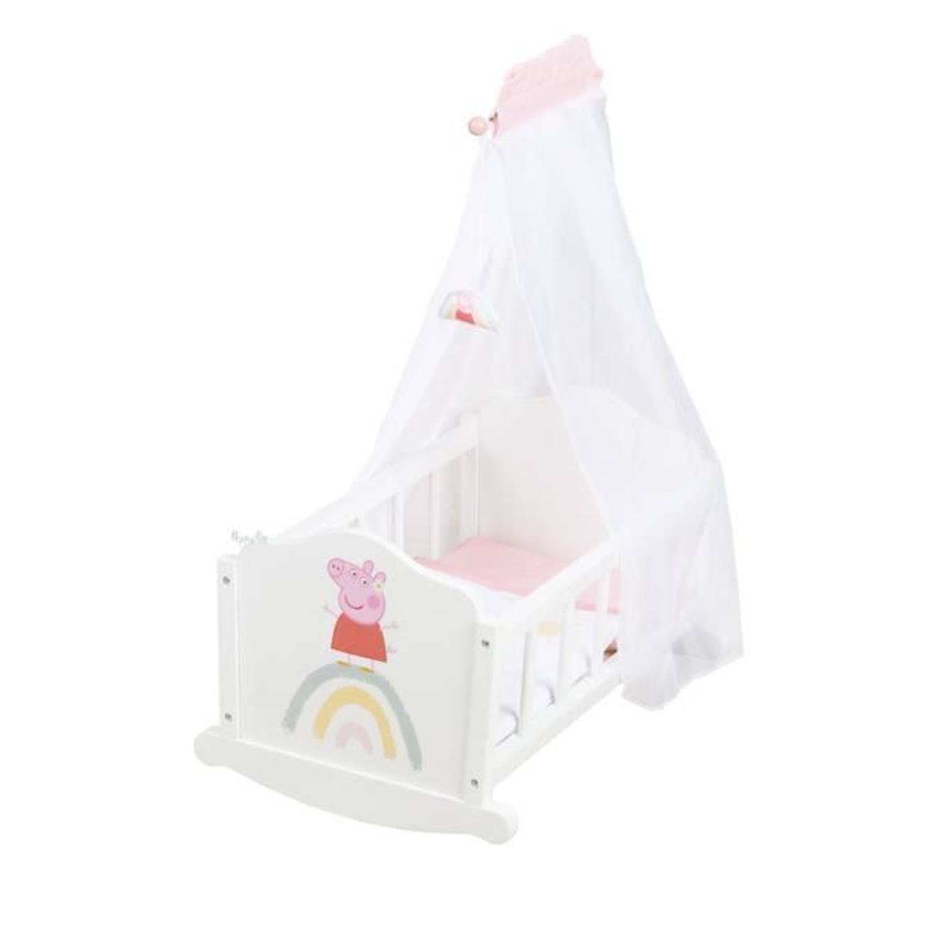 Berceau De Poupée Peppa Pig En Bois - Linge De Lit Inclus - Motif Truie - Nurserie Poupon - Blanc - Rose - Roba Blanc