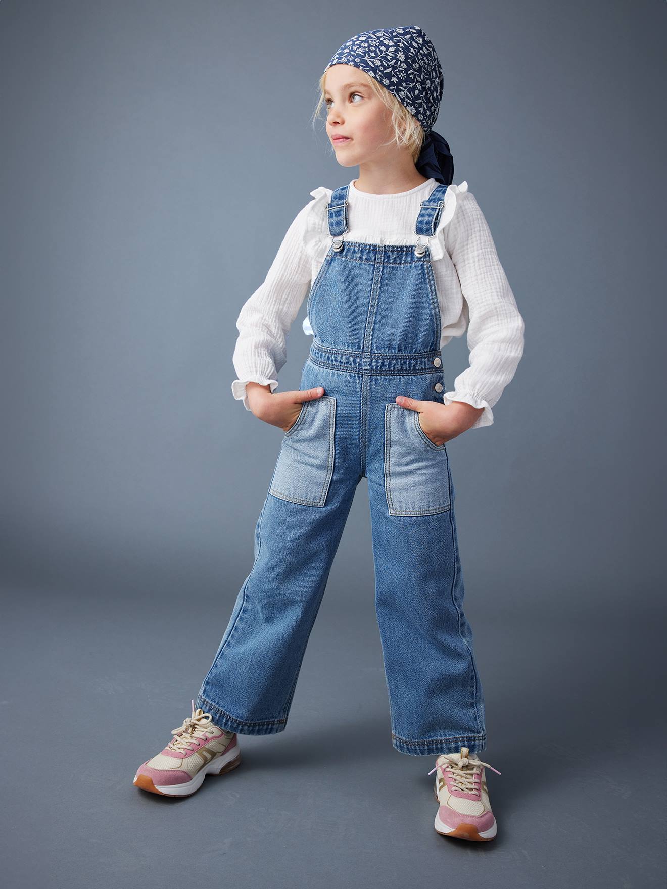 Salopette en jean large poches contrastées fille bleu moyen