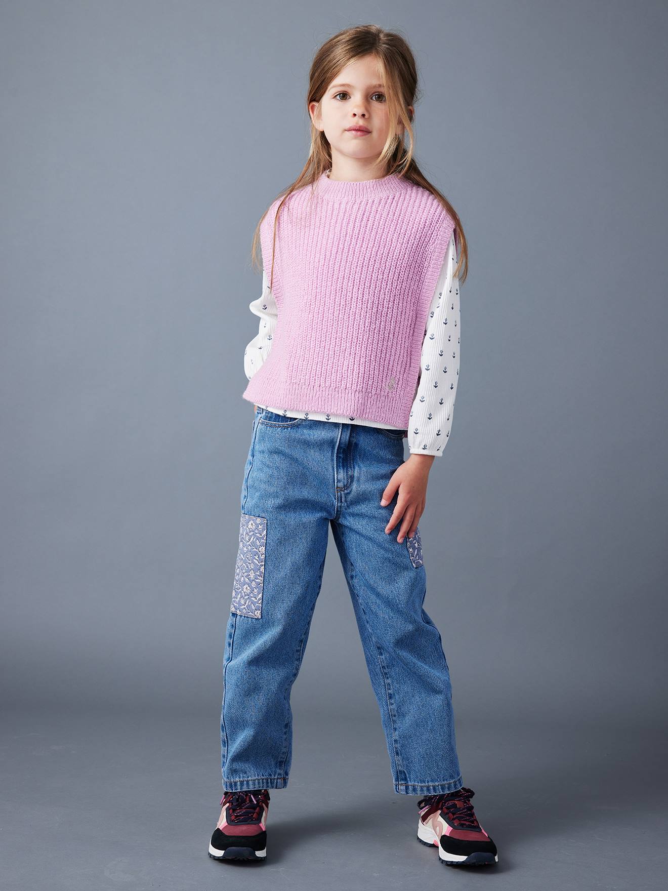 Jean loose avec patchs à fleurs fille bleu moyen
