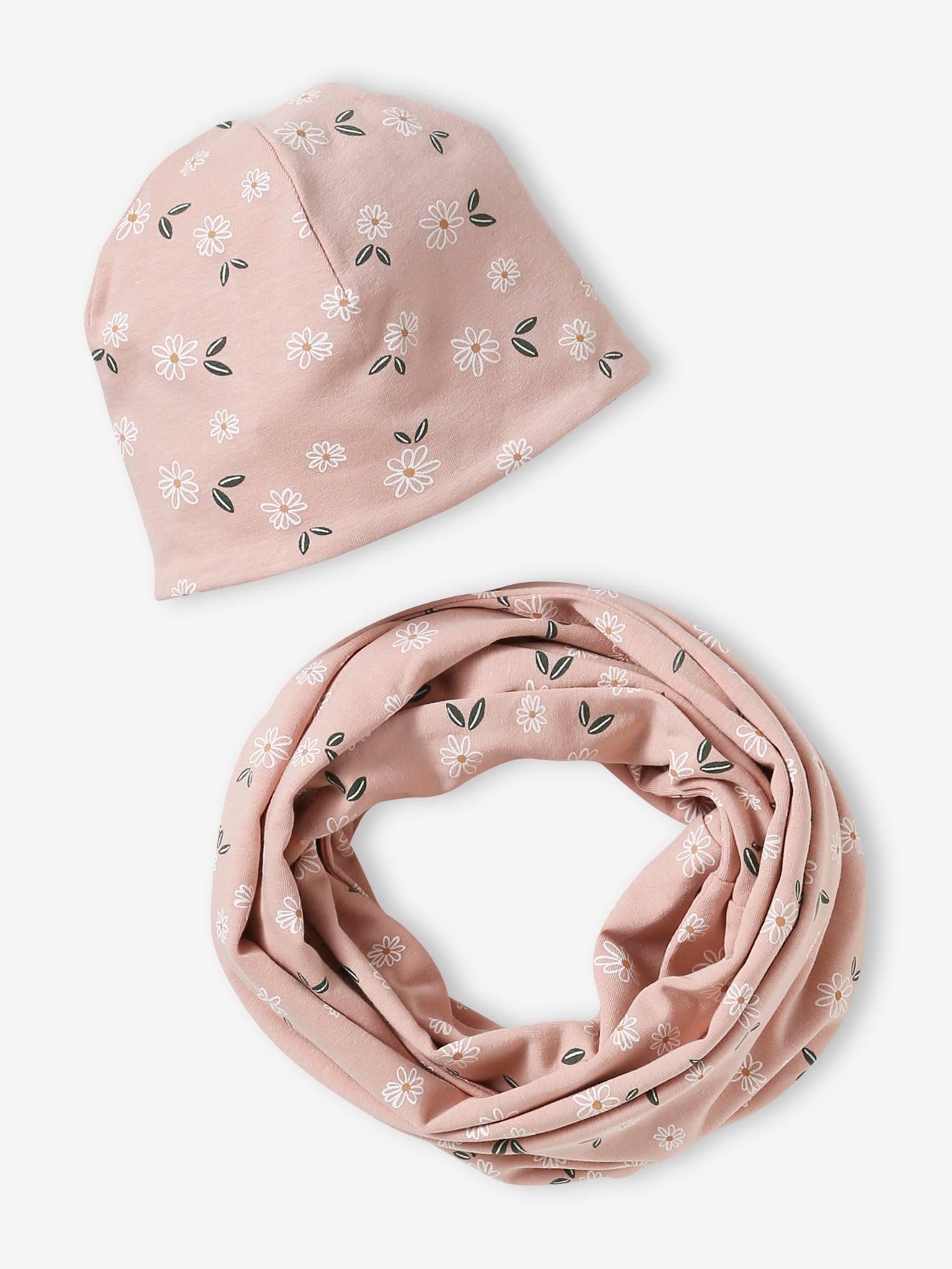 Ensemble fleuri fille bonnet + snood rose poudré