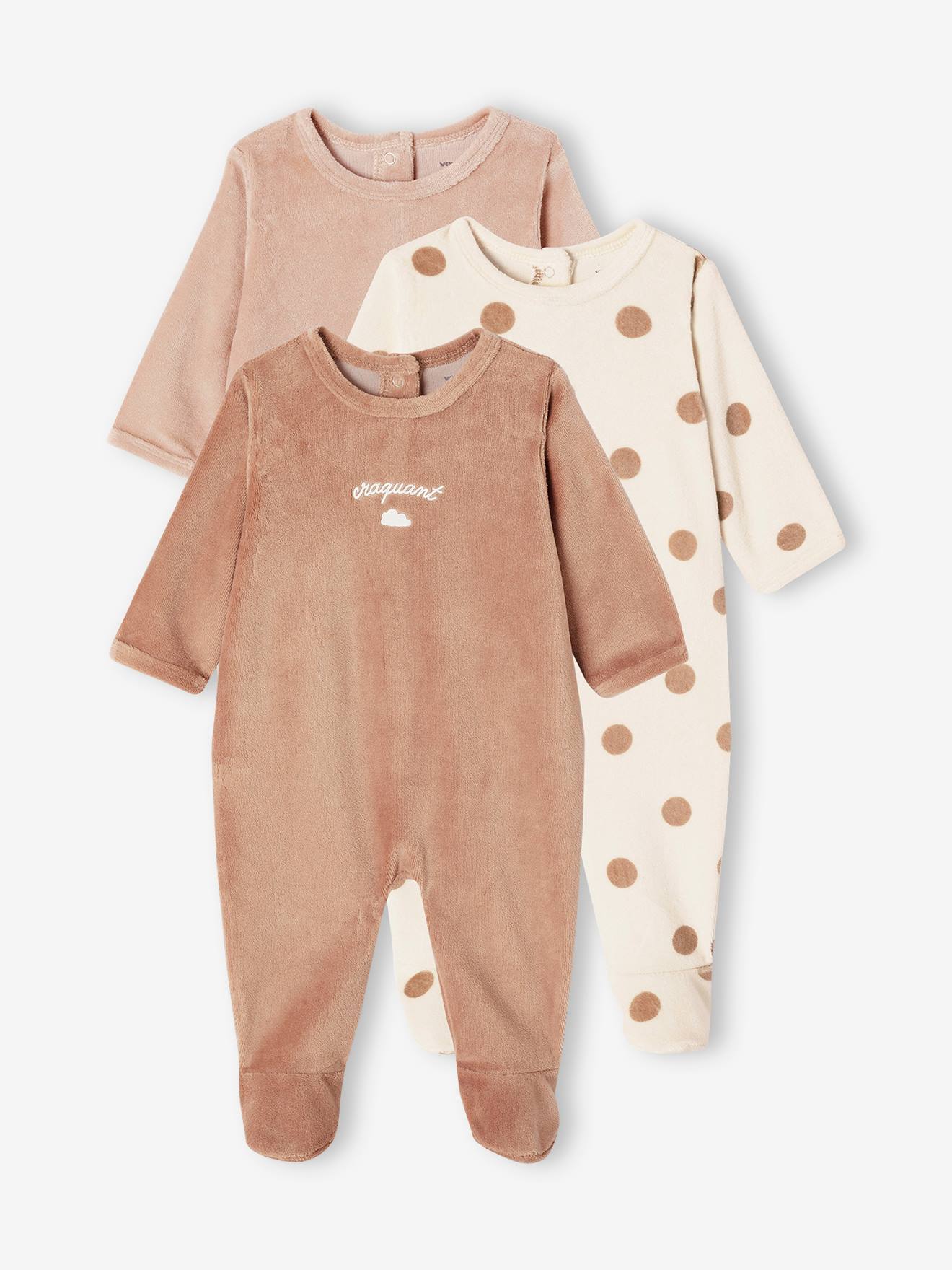Lot de 3 pyjamas bébé mixtes en velours - lot cappuccino