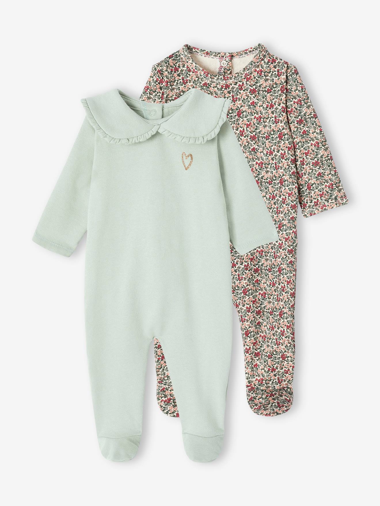 Lot de 2 pyjamas bébé fille en molleton vert sauge