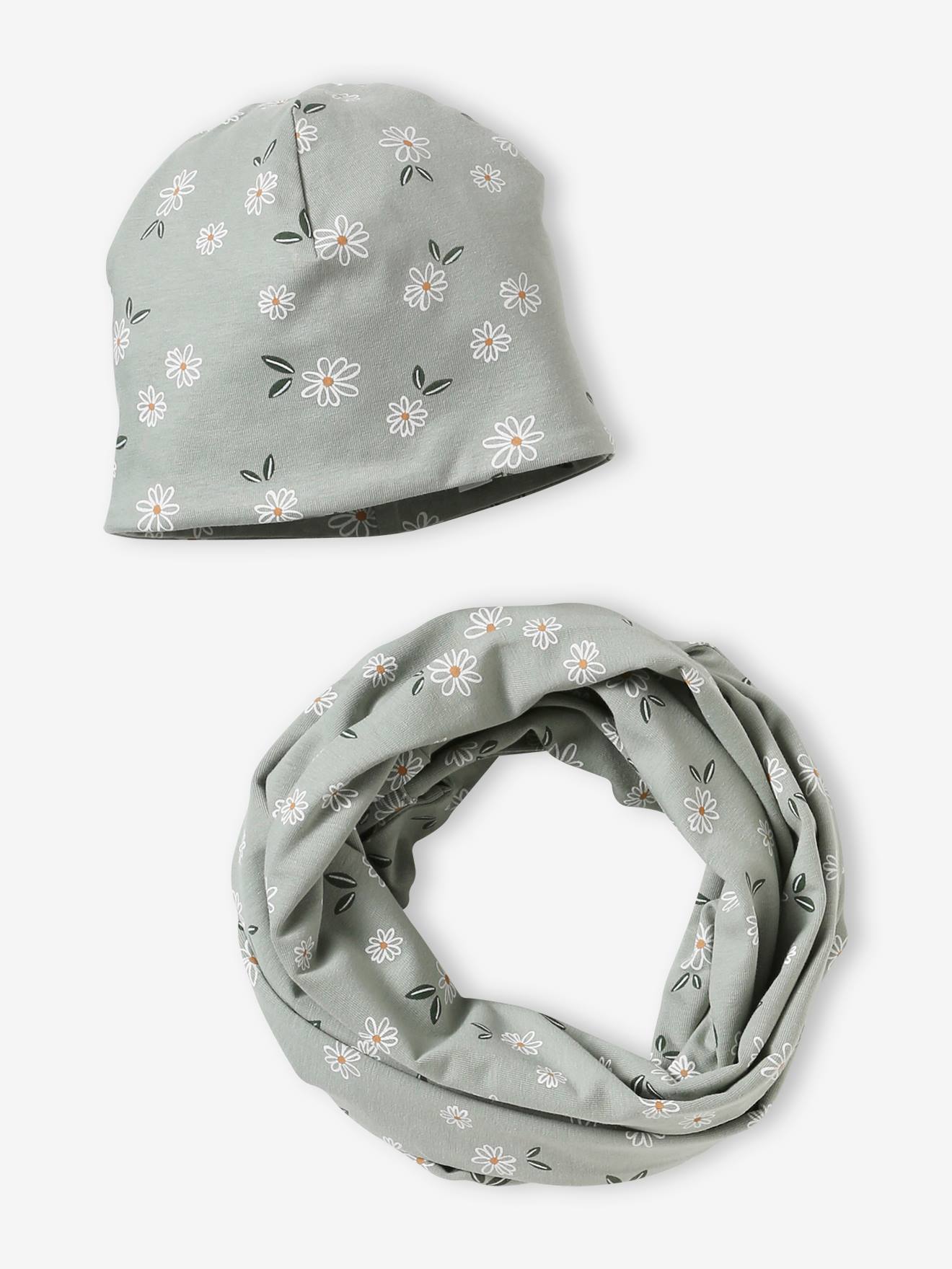 Ensemble fleuri fille bonnet + snood vert de gris