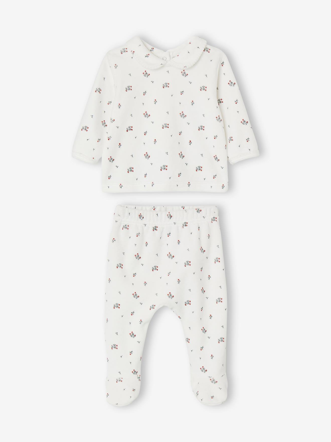 Pyjama à fleurs en velours bébé 2 pièces écru