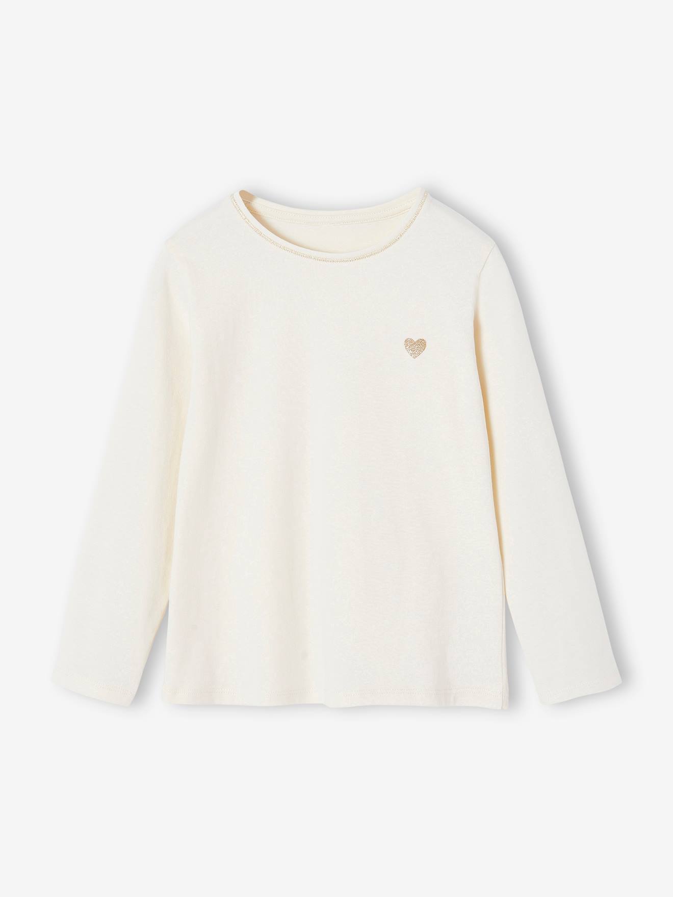 T-shirt fille coeur pailleté manches longues écru
