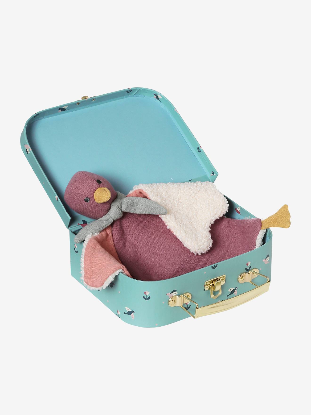 Doudou oiseau bi-matière personnalisable avec mallette rose (Vertbaudet) - Image 1
