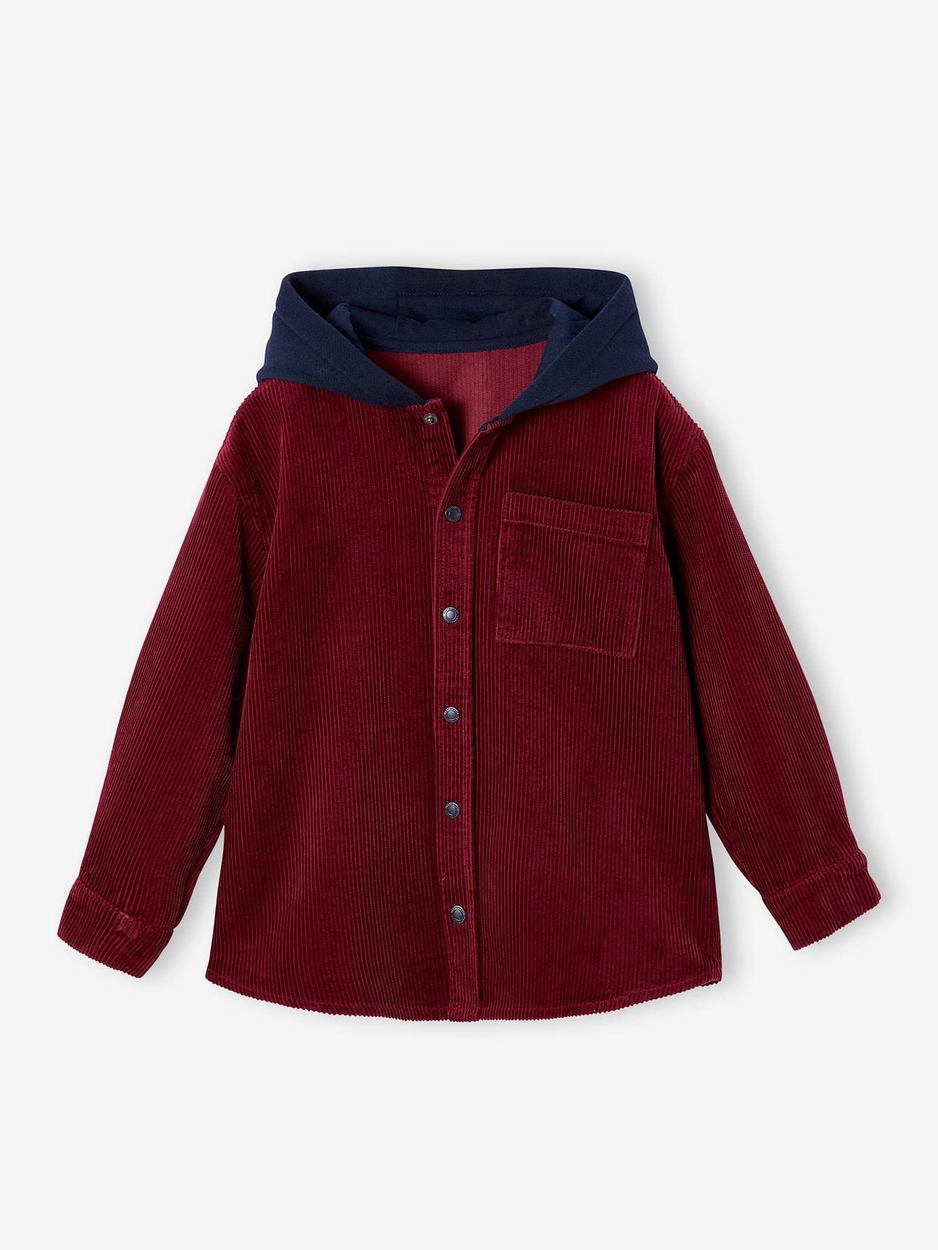 Chemise en velours garçon capuche molleton bordeaux