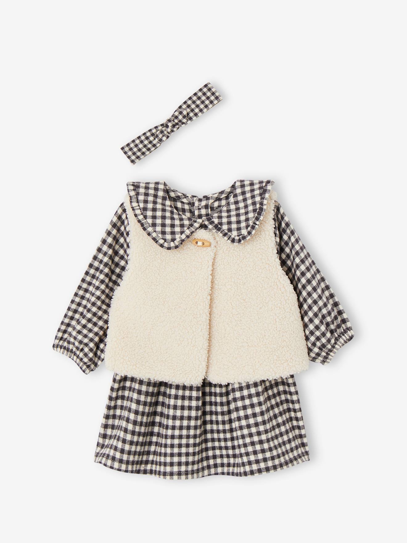 Ensemble 3 pièces bébé robe vichy + gilet + bandeau carreaux noir (Vertbaudet) - Image 2