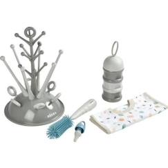 Puériculture-BEABA, Coffret naissance, Egoutte biberon arbre grey + Boite doseuses light/dark mist + Goupillon silicone + Bavoir coton tropical