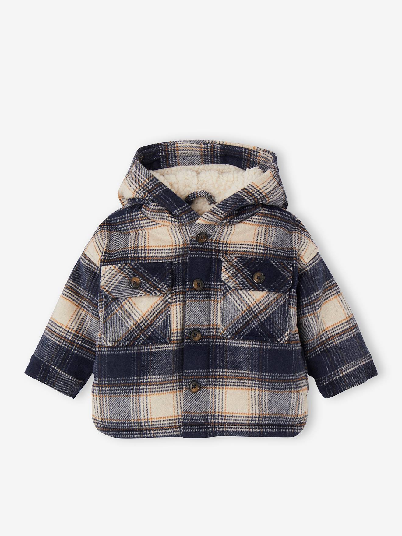Manteau à capuche en drap de laine à carreaux bébé doublé sherpa marine