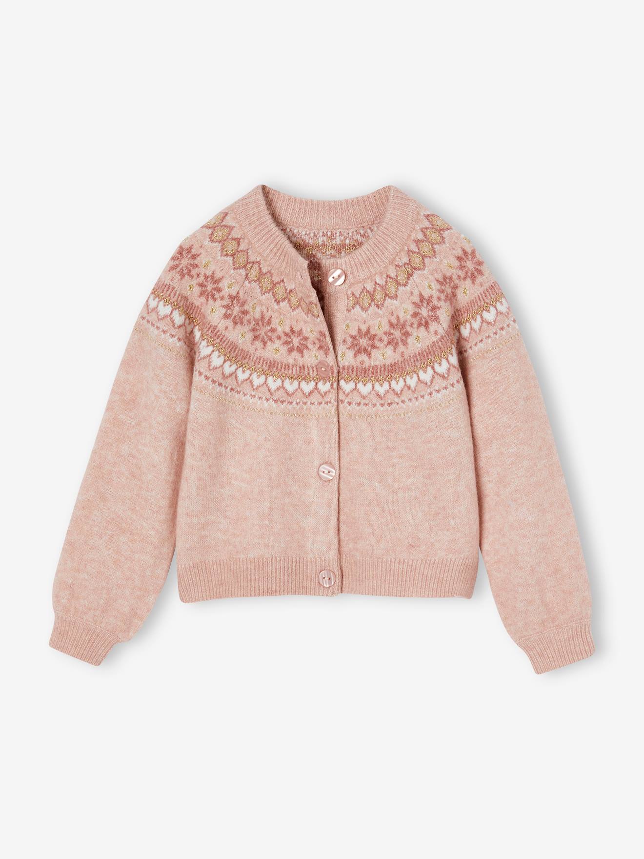 Gilet jacquard fille maille fantaisie fil brillant rose poudré