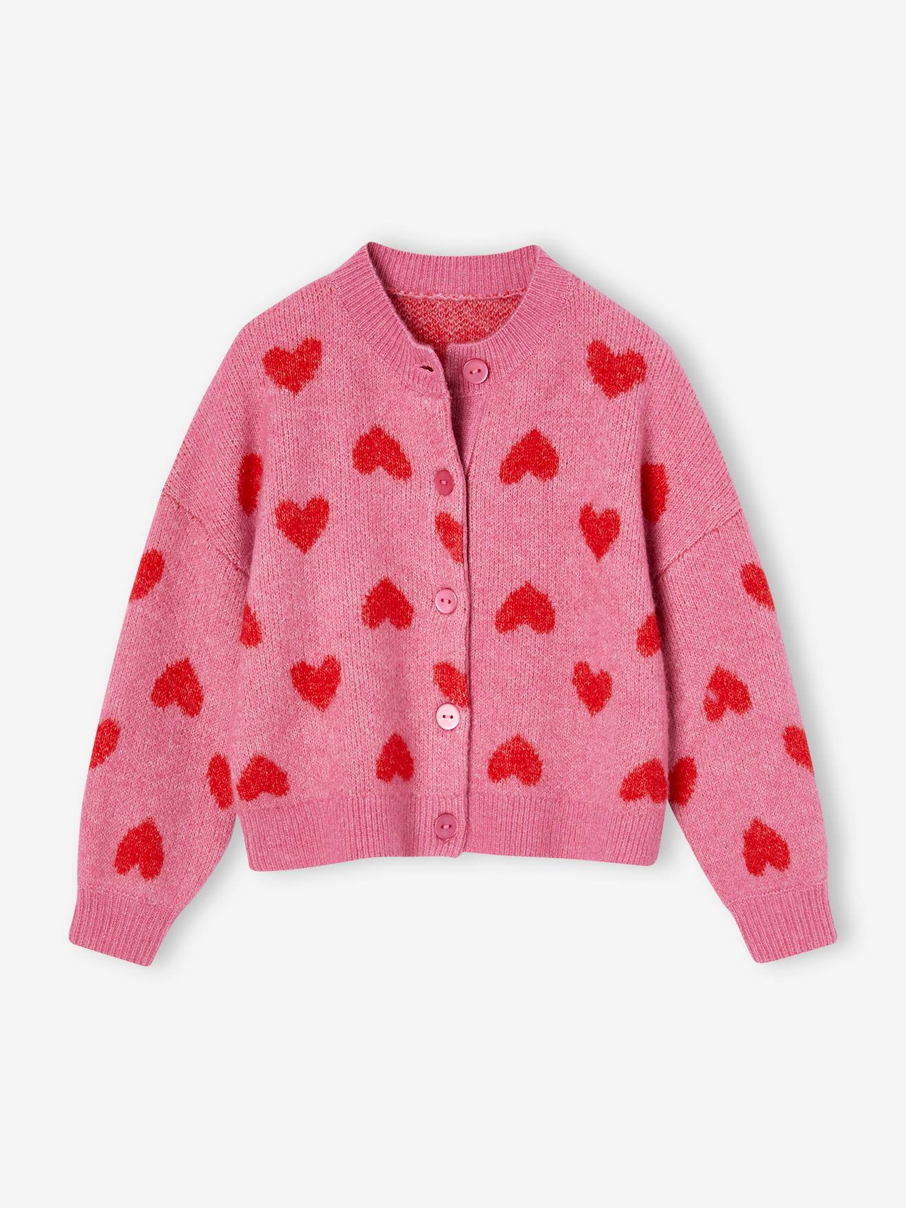 Gilet jacquard coeurs fille vieux rose