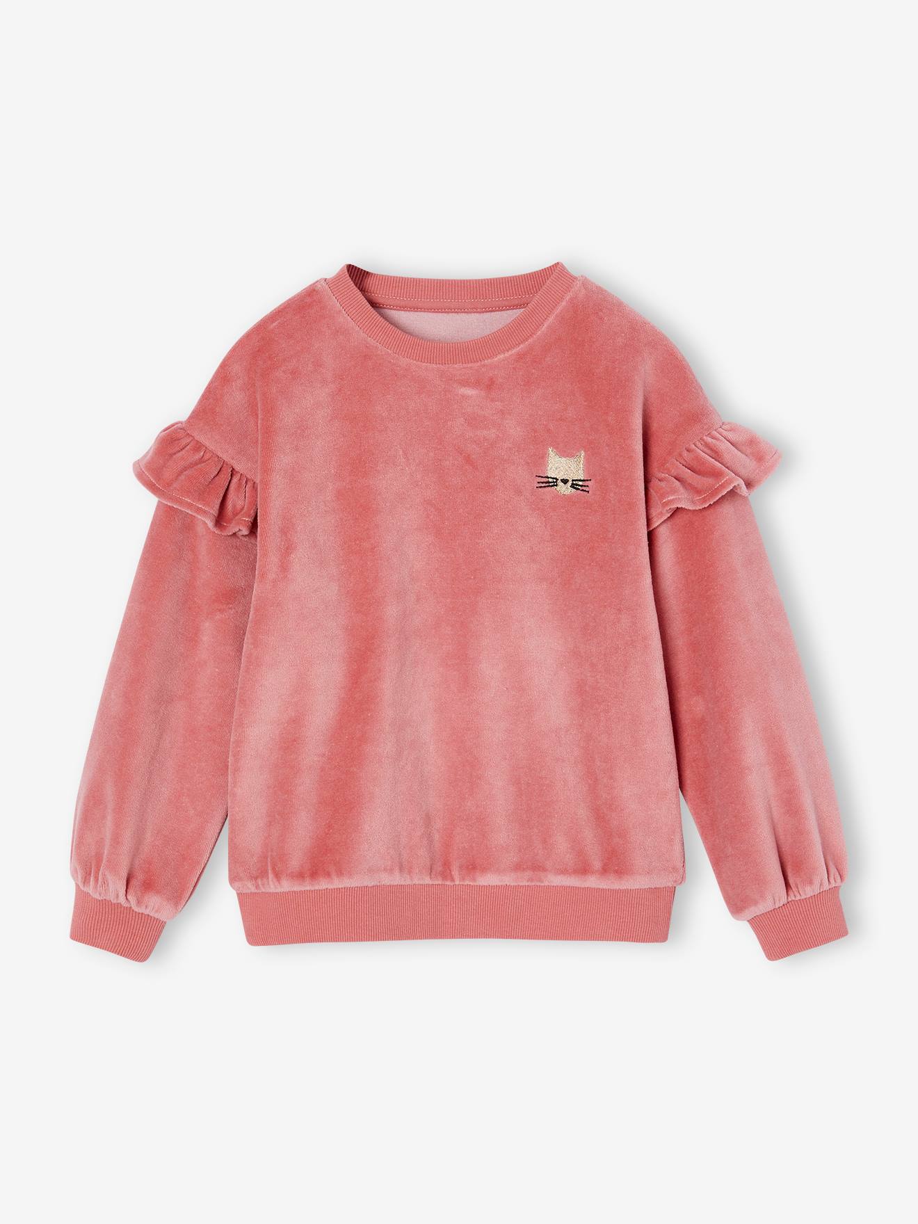 Sweat à volants en velours lisse motif chat fille rose