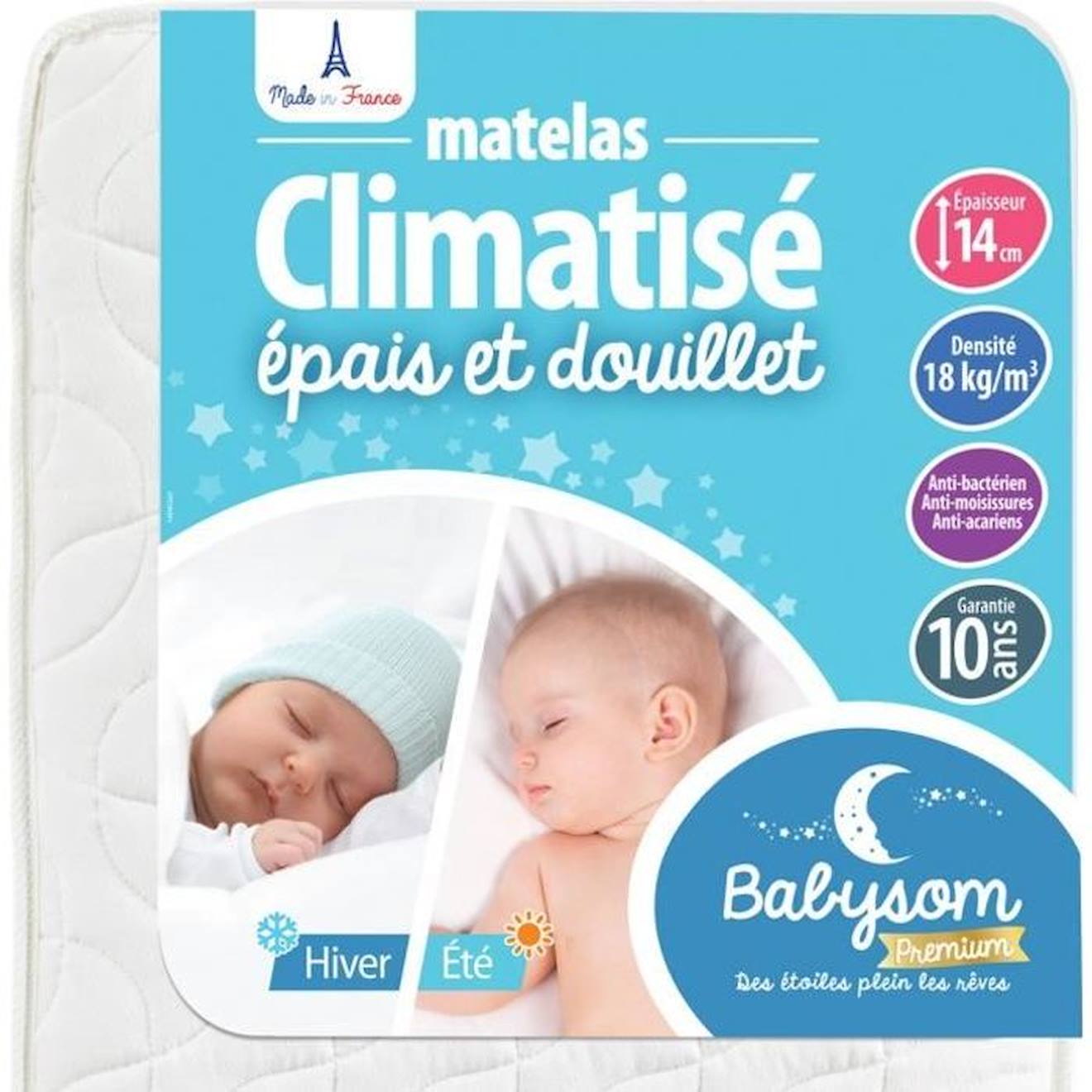 Babysom - Matelas Bébé Climatisé - Babysom - 70x140 Cm - Réversible Été Fraîche/hiver Ouatinée - Anti-acarien - Oeko-tex® Blanc